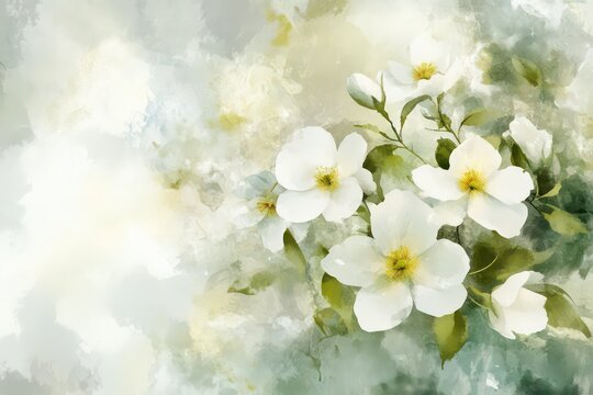 An artistic composition of white flowers and greenery in a watercolor style, creating a light and elegant background.