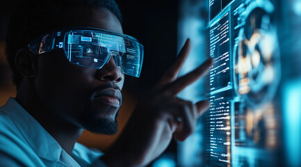 A Black man wearing futuristic glasses, looking at holographic data on his screen while pointing to it with one finger. The background is dark and blurry, highlighting the technolo