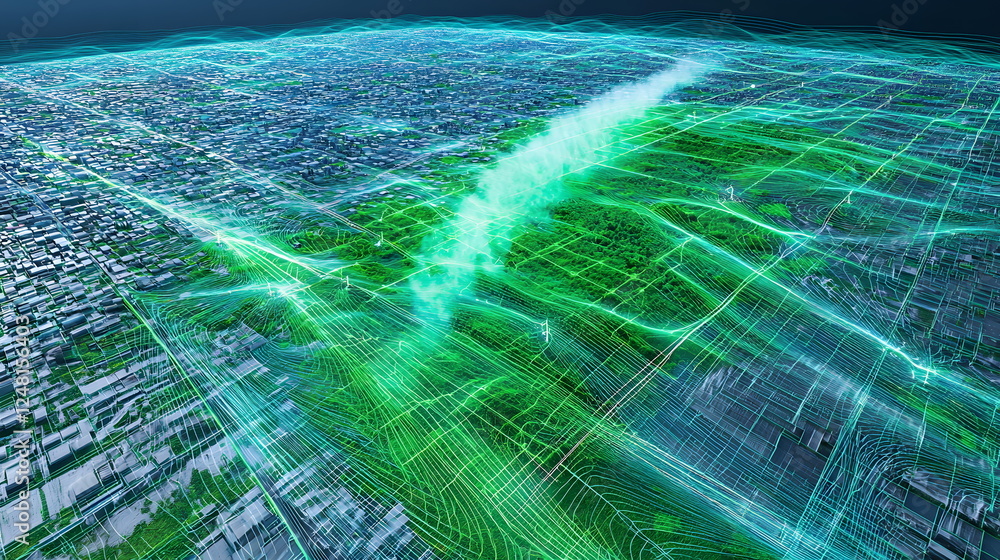 Poster digital landscape with neon green lines and wave patterns over an urban environment, representing da
