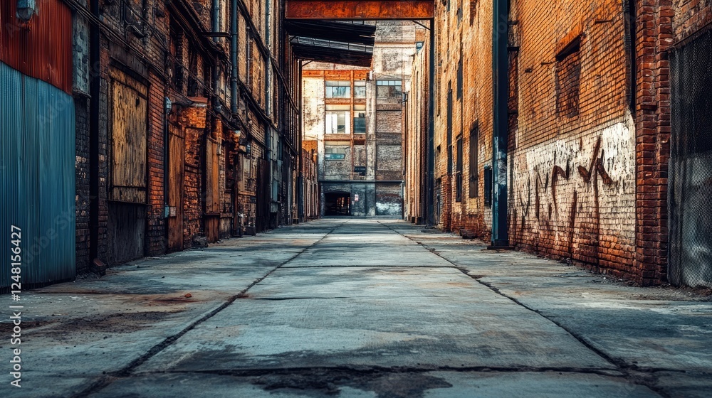 Poster a weathered alley with old, crumbling buildings and an empty podium for displaying high-end packagin