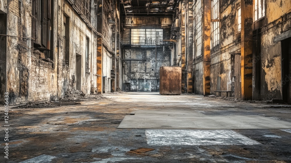 Poster a weathered alley with old, crumbling buildings and an empty podium for displaying high-end packagin