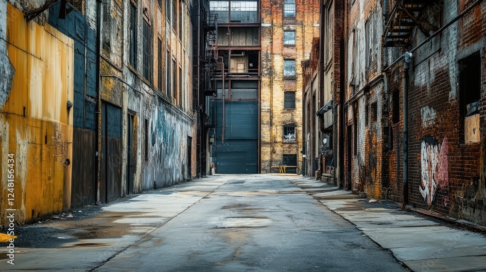 Poster a weathered alley with old, crumbling buildings and an empty podium for displaying high-end packagin
