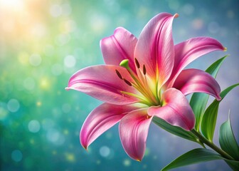 Fototapeta premium Delicate pink lilies bloom, captured in exquisite detail; elegant floral photography for backgrounds.