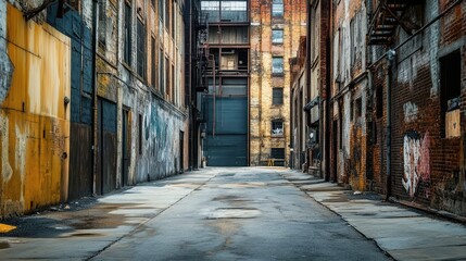 Fototapeta premium A weathered alley with old, crumbling buildings and an empty podium for displaying high-end packaging in an industrial atmosphere.