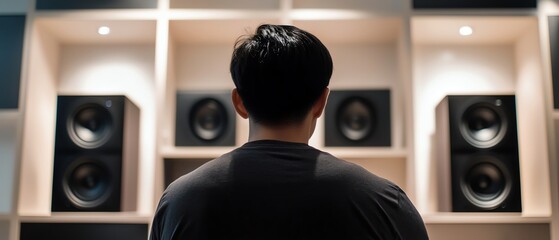 A person stands in front of large speakers, enjoying an immersive audio experience in a modern setting, surrounded by sound technology.