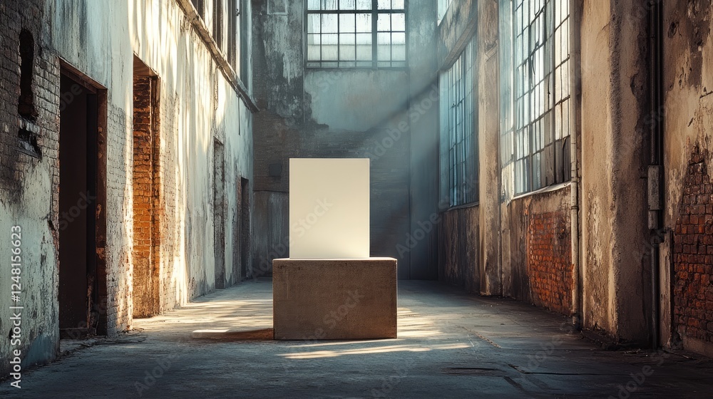 Poster A weathered alley with old, crumbling buildings and an empty podium for displaying high-end packaging in an industrial atmosphere.