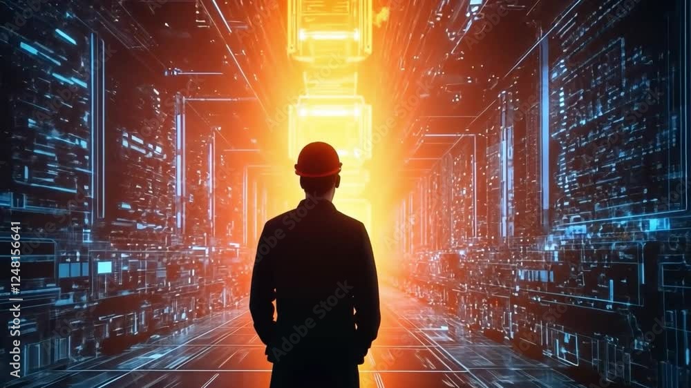 Aufkleber tech visionary: a silhouette of an engineer stands at the heart of a futuristic data center, bathed 