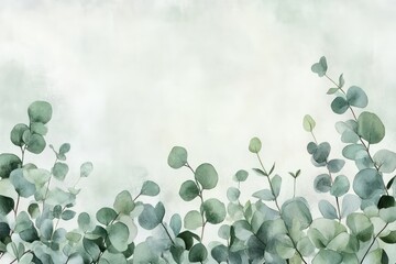 An artistic green floral banner with watercolor textures and silver dollar eucalyptus for nature-inspired invitations.