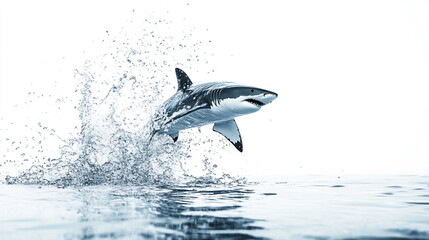 Fototapeta premium Dynamic shark leaping out of the water with a dramatic splash effect, set against a clean white background