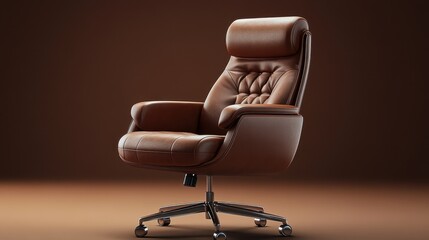 Luxurious leather office chair with ergonomic design in a warm, softly lit environment