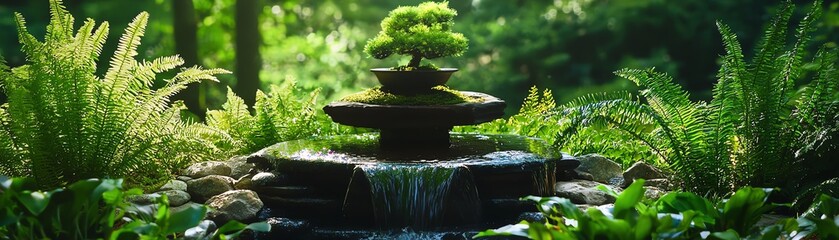 A serene garden featuring a tranquil fountain surrounded by lush greenery and vibrant plants, ideal for relaxation and mindfulness.