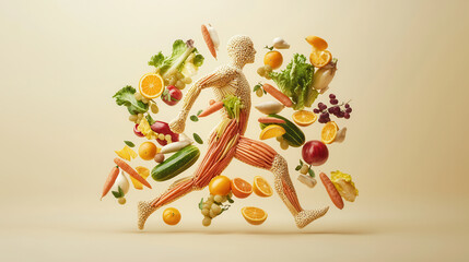 dynamic human figure made of fresh produce, including fruits and vegetables, showcases vibrant and healthy lifestyle