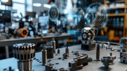 Naklejka premium A workbench with an array of gears and parts, digital schematics floating above, depicting the process of assembling customizable components for advanced mechanical systems.
