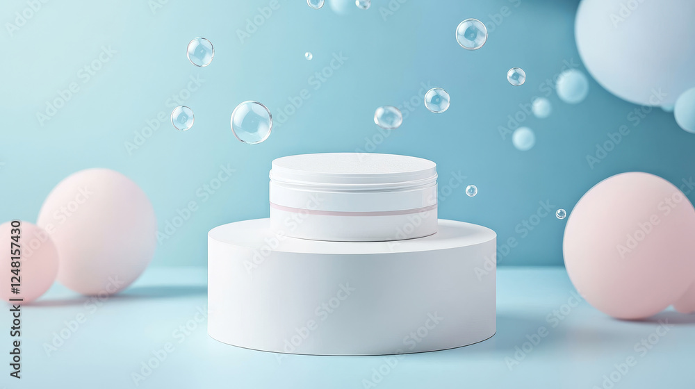 Poster 3d circle product podium with abstract bubble on background. white platform for cosmetic showcase in
