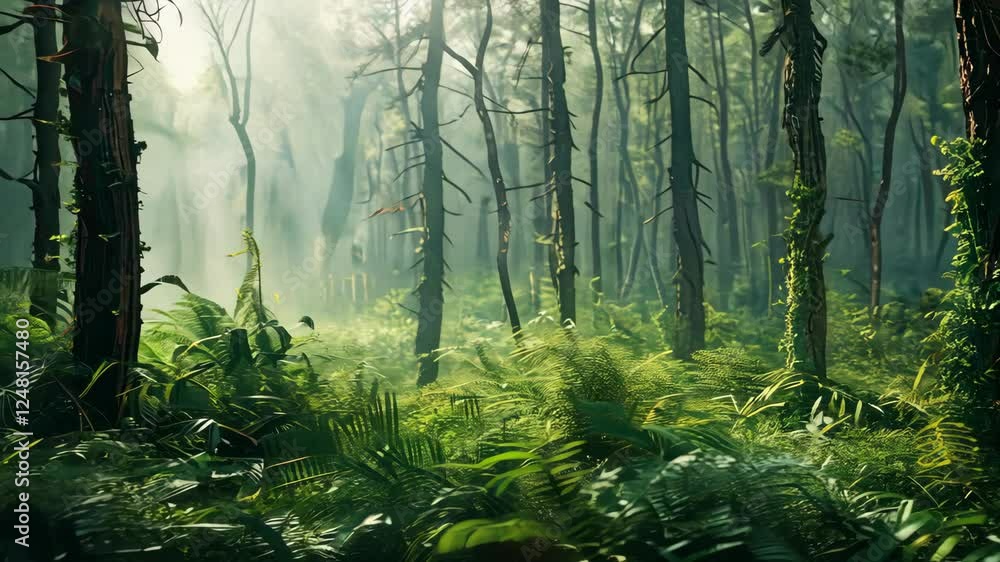 Poster lush forest with sunlight filtering through trees, creating a serene and tranquil atmosphere