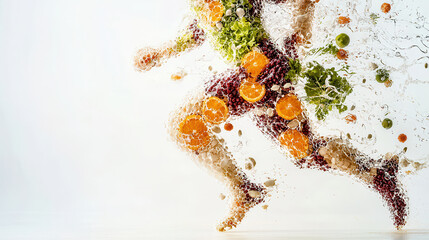 Dynamic running figure made of fresh fruits and vegetables, symbolizing health and vitality. vibrant representation of fitness and nutrition