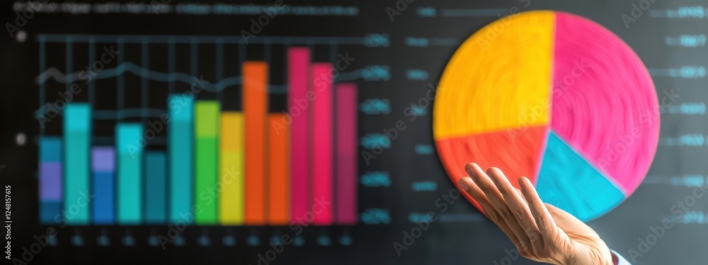Aufkleber hand gesturing towards colorful charts and graphs on wall in modern office setting