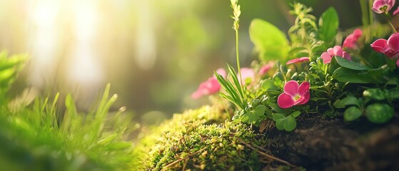 A serene view of vibrant pink flowers growing in lush green moss, illuminated by soft sunlight filtering through the trees.
