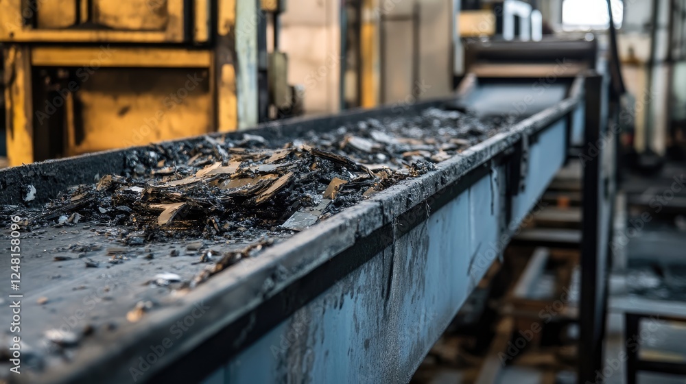 Poster a worn-out conveyor belt in an industrial factory shows significant damage and debris accumulation, 