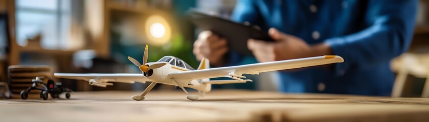 A skillful hobbyist works on a model airplane, showcasing attention to detail and craftsmanship in a creative workspace.