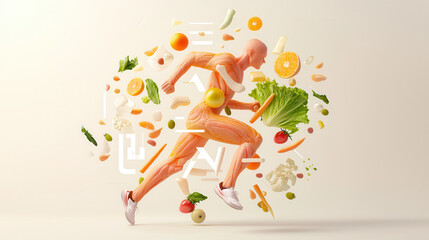 Fototapeta premium dynamic running figure made entirely of fresh fruits and vegetables, showcasing health and vitality