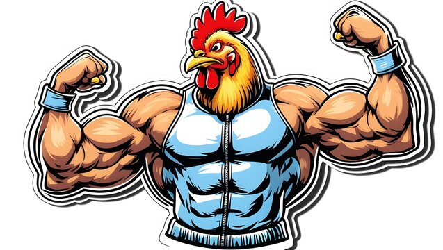 A cartoon illustration of a muscular rooster flexing its biceps. Humorous, strong bird character design.
