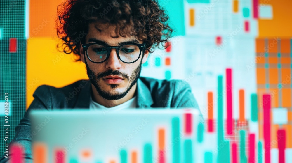 Aufkleber young man analyzing data on laptop with colorful charts background in modern office setting