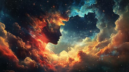 Fototapeta premium Cosmic Woman: A Celestial Portrait in Clouds and Stars