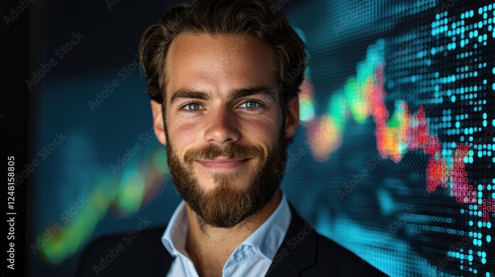 Poster confident businessman smiling in front of digital stock market analysis background with colorful gra
