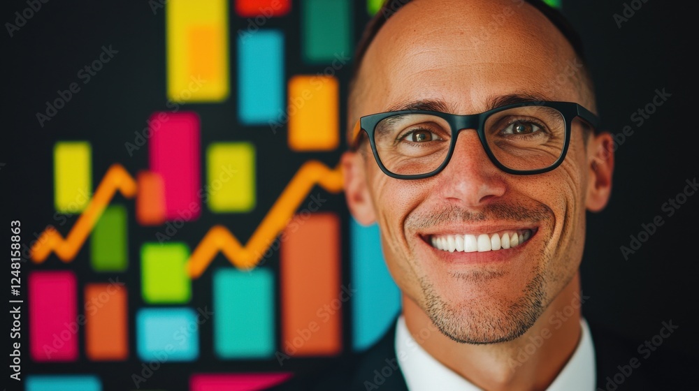 Aufkleber confident business professional smiling against colorful abstract background with graph design eleme