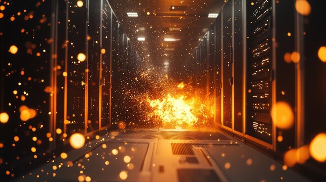 An explosion in a data center with fire and sparks, showcasing a catastrophic failure of infrastructure, overheating systems, and cybersecurity breaches during a crisis.