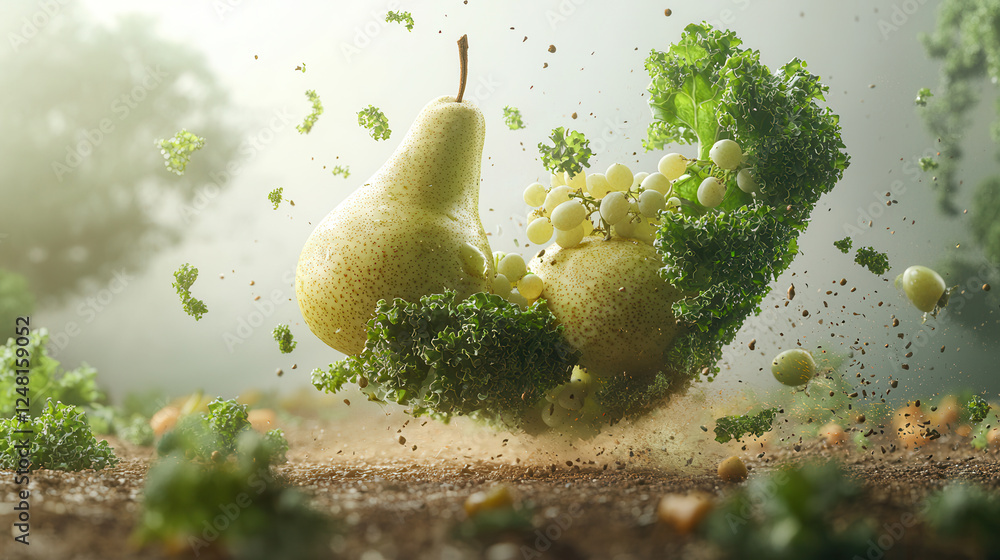 Poster dynamic scene featuring pear and green grapes surrounded by kale, creating vibrant and fresh atmosph