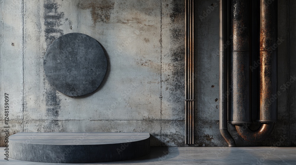 Poster an industrial scene with a metallic pipe's intricate shapes and a simple podium beside it, ideal for