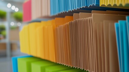 A vibrant collection of colorful file folders organized neatly on a shelf in an office environment.