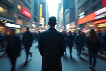 A person standing in a crowded urban environment, with blurred figures rushing,creating a feeling of isolation and anxiety amidst chaos