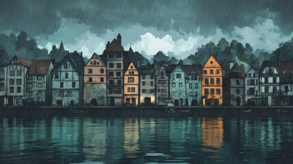 Parallax background 2d vintage city at rainy weather, retro cityscape autumn street with european colonial victorian buildings and lake promenade. Cartoon game layered scene, Vector illustration