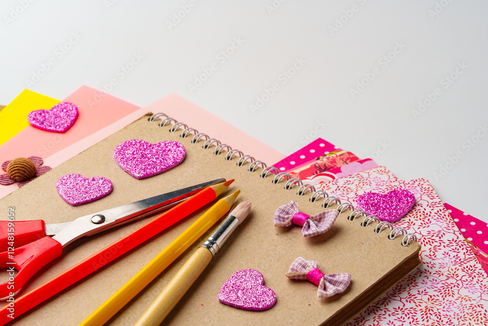 Poster creative crafting workspace with colorful materials and tools for diy projects and artistic expressi