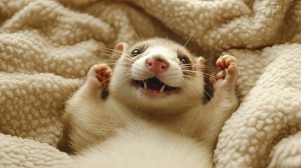 Happy Ferret Relaxing on Soft Blanket, Cheerful Expression in Bed