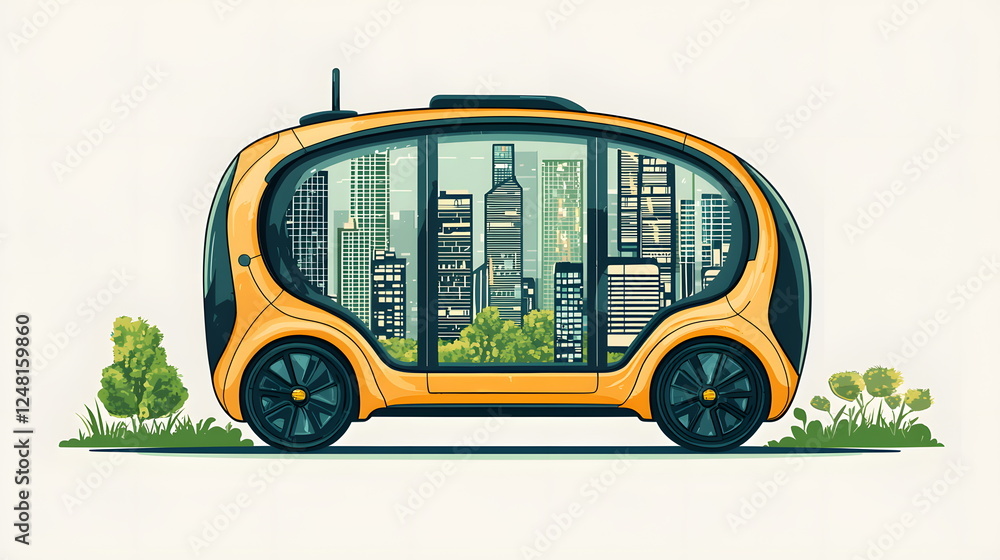 Poster autonomous vehicle with a transparent design showcasing a city skyline view through its windows.