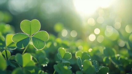 Vibrant green clover with dew drops bathed in golden sunlight, symbolizing luck and renewal in nature's embrace.