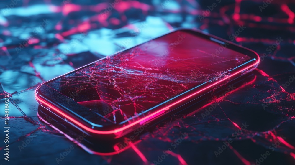 Poster broken smartphone with a cracked neon screen and glitch effects, representing futuristic technology 
