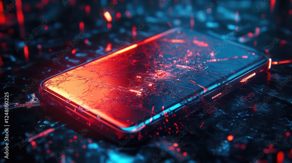 Poster broken smartphone with a cracked neon screen and glitch effects, representing futuristic technology 