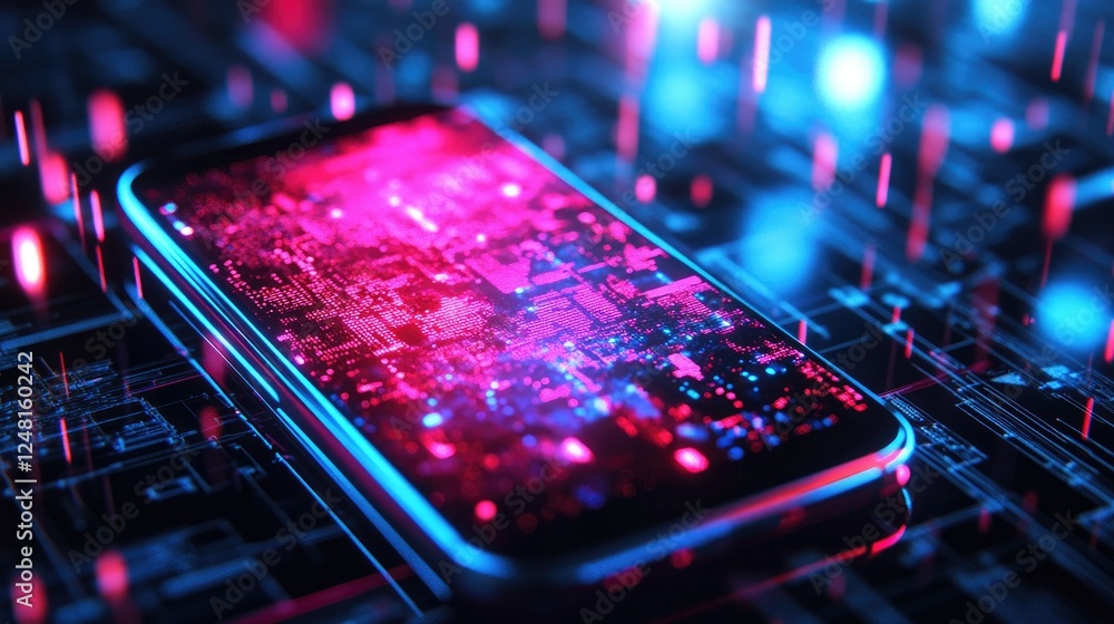 Poster broken smartphone with a cracked neon screen and glitch effects, representing futuristic technology 