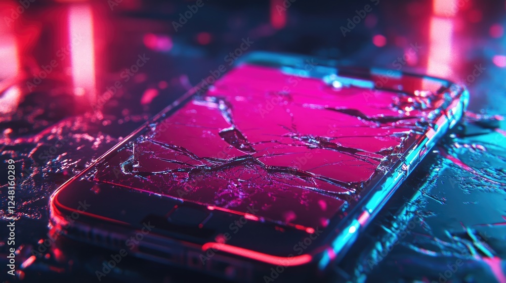Poster broken smartphone with a cracked neon screen, digital glitch effect creating a cyberpunk aesthetic, 