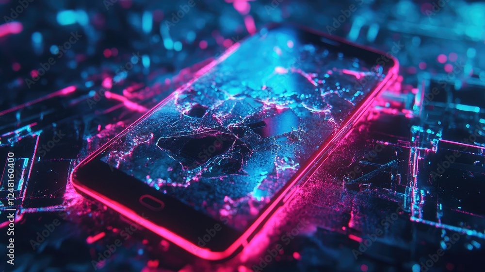 Aufkleber broken smartphone with a cracked neon screen, digital glitch effect creating a cyberpunk aesthetic, 