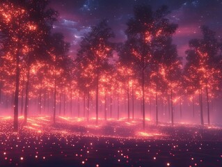 Naklejka premium Enchanting Electric Fireflies Glowing in Surreal Neon Forest with Pulsating Dreamlike Ambiance