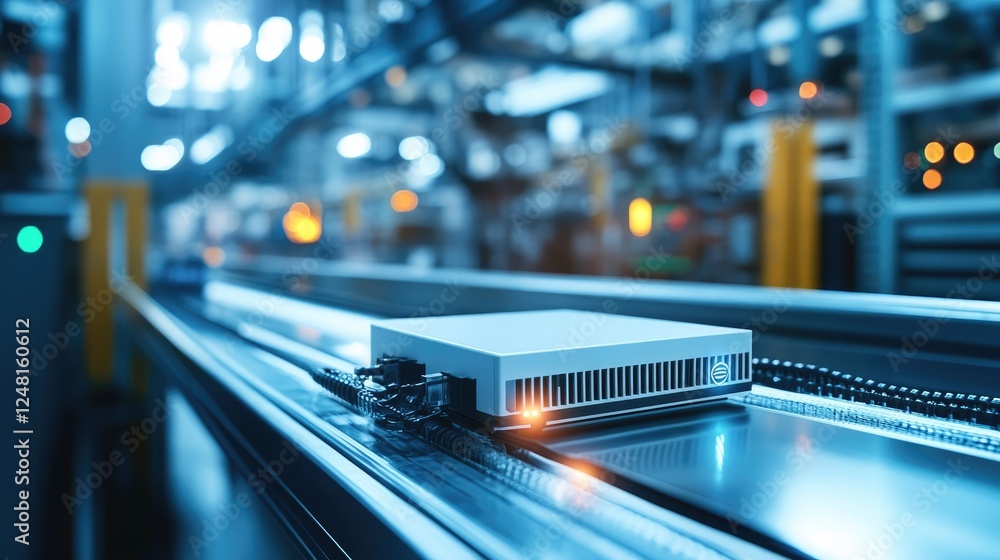 Poster Close-up of a 5G router positioned within an industrial setting, facilitating communication between machines and IoT sensors to optimize manufacturing processes.