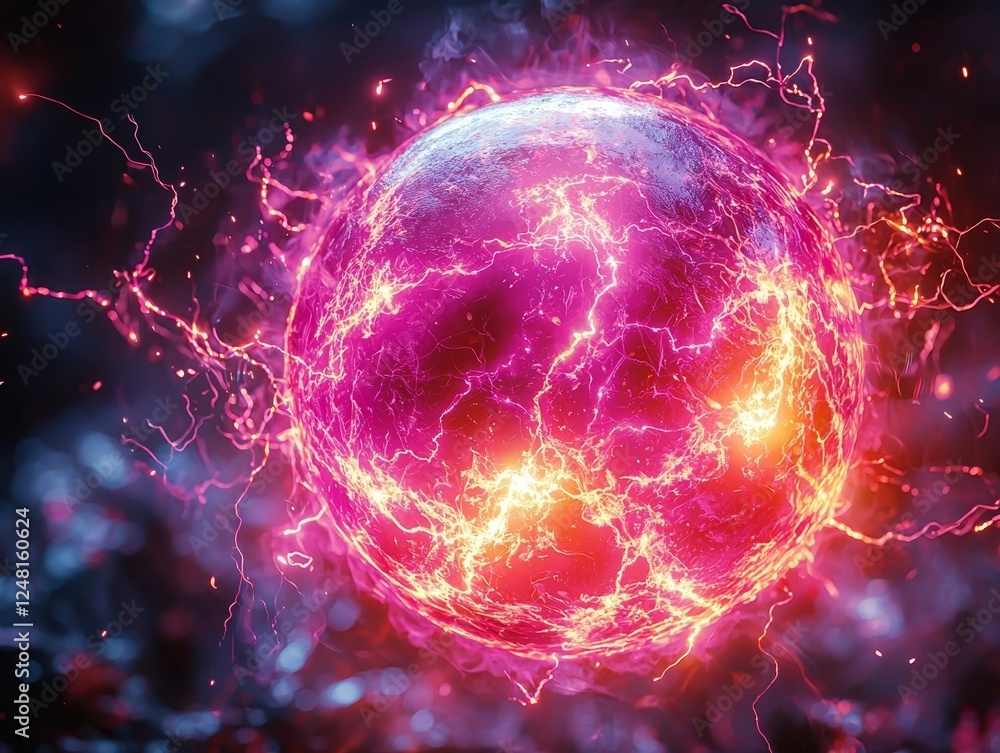 Poster glowing electric sphere radiating dynamic lighting patterns in dark space