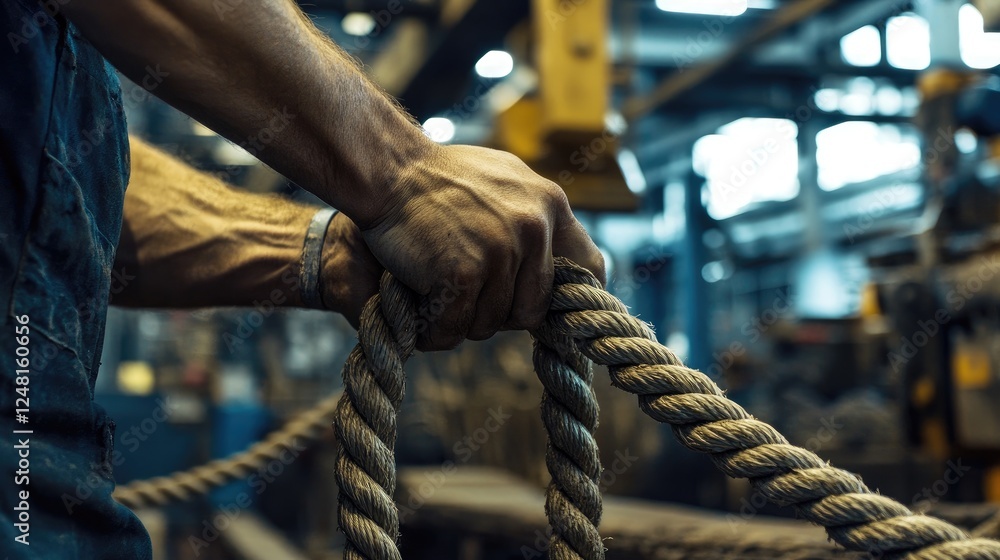 Aufkleber close-up of a factory worker's hands gripping a sturdy rope in a bustling industrial setting, emphas