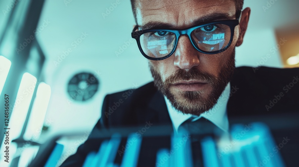 Poster focused businessman analyzing financial data with graphs and indicators in modern office environment